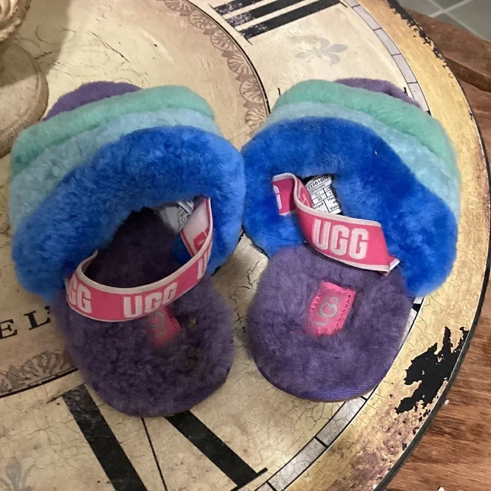 ❤️HP❤️Ugg fluff  slide slippers neon rainbow